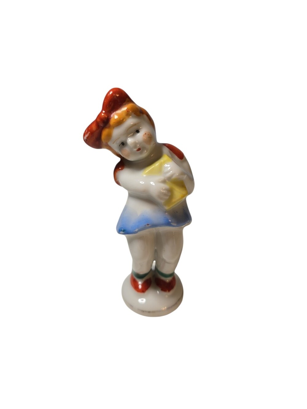Vintage Occupied Japan  Porcelain Girl Figurine Hand Painted Red Hair Red Bow